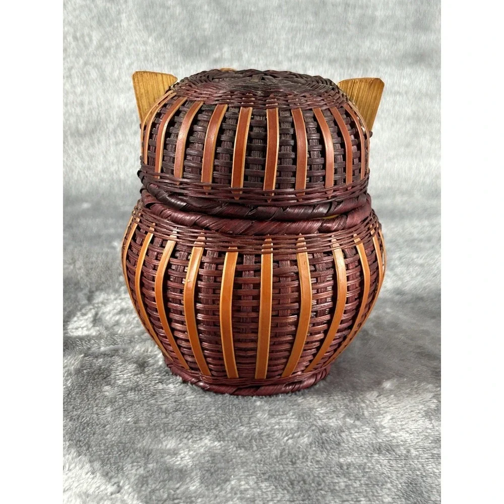 Vintage‎ Owl bird Wicker Rattan Lidded  woven figural Basket Box 4